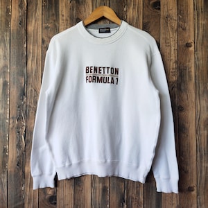 Vintage 90s Distressed Benetton Formula 1 Sweatshirt Benetton Crewneck Benetton Pullover Embroidery Logo Cream Color Men&#39;s M
