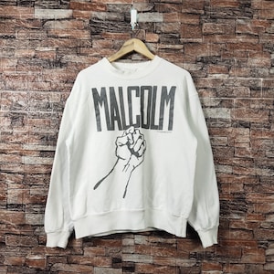 Vintage 90s Distressed Malcolm X Sweatshirt Malcolm X Crewneck Malcolm X Pullover Malcolm X Sweater Printed Logo White Color Men&#39;s M