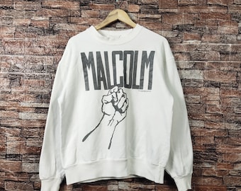 Sudadera vintage de los 90 con efecto desgastado de Malcolm X, cuello redondo de Malcolm X, jersey de Malcolm X, suéter de Malcolm X con logotipo estampado, color blanco, para hombre M