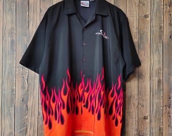 Vintage Nascar Dale Earnhardt Jr Flame Hawaiian Shirt Button Down Nascar Open Collared Nascar Tees Printed Logo Black Color Men's XL