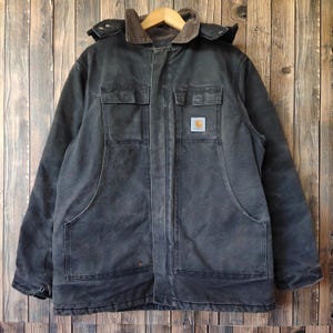 Vintage 90s Distressed Carhartt Canvas Arctic Quilt Work Jacket Carhartt Pullover Carhartt Hoodie Patch Logo Black Color Men’s XL