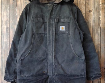 Vintage 90s Distressed Carhartt Canvas Arctic Quilt Work Jacket Carhartt Pullover Carhartt Hoodie Patch Logo Black Color Men’s XL