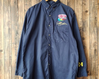Camisa de manga larga vintage desgastada de Jeff Gordon Nascar Dupont, camisetas Nascar con cuello bordado, logotipo azul, talla L para hombre