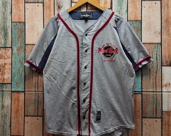 Vintage 90s Distressed Hard Rock Las Vegas Baseball Jersey Hard Rock T-Shirt Hard Rock Tees Embroidery Logo Gray Color Men's L