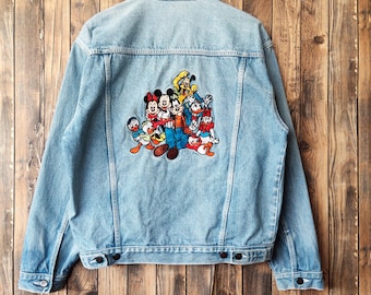 Vintage 90s Mickey Family Disney Denim Jeans Jacket Mickey Sweater Mickey Pullover Embroidery Logo Blue Color Men&#39;s M