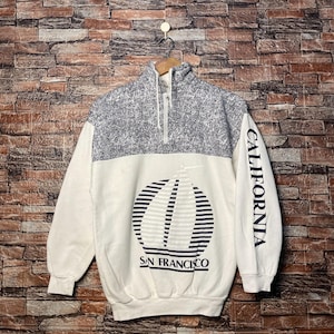 Vintage 80s Distressed San Francisco California Sweatshirt San Francisco Half Zipper Printed Logo White Color Men’s Fit XS