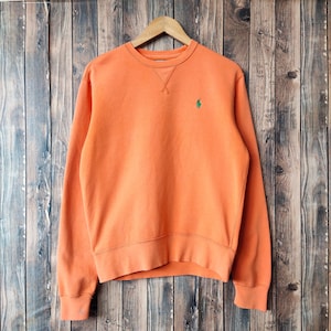 Vintage DISTRESSED Polo Ralph Lauren Sweatshirt Polo Crewneck Polotröja Polotröja Broderad Logotyp Orange Färg Herr S