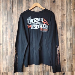 Vintage Harley Davidson Flames Long Sleeve T-Shirt Harley Crewneck Harley Tees Harley Pullover Printed Logo Black Color Men’s XL