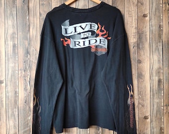 Vintage Harley Davidson Flames Long Sleeve T-Shirt Harley Crewneck Harley Tees Harley Pullover Printed Logo Black Color Men’s XL