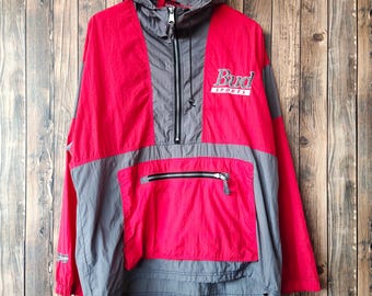 May include: A red and gray hooded jacket with a zipper closure and a large "Bud Sports" logo on the front.