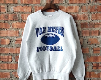 RZADKA, zabytkowa bluza z lat 90. Van Meter Football by Riddell z okrągłym dekoltem Van Meter Pullover z nadrukowanym logo w kolorze szarym, męska, rozmiar M