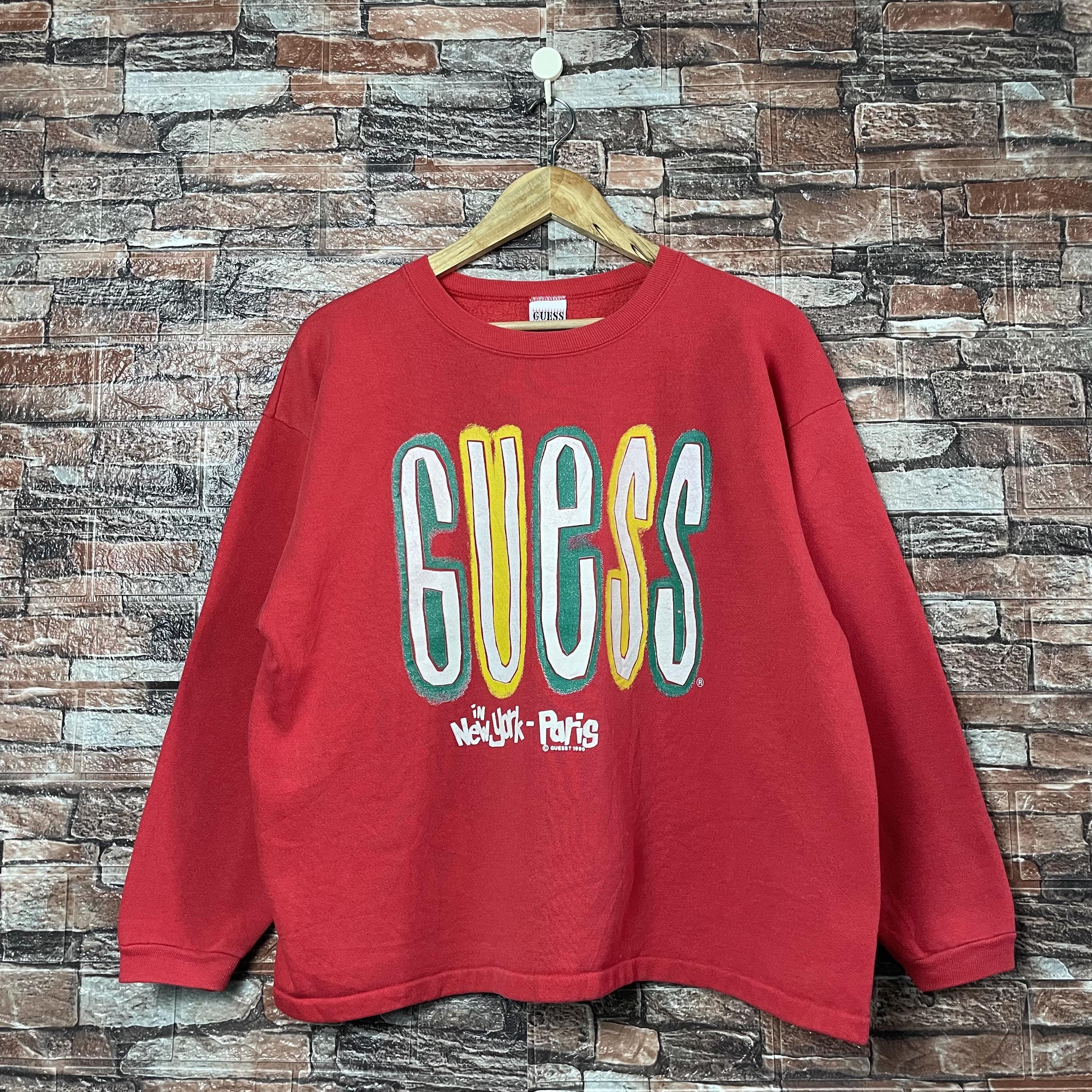 Vintage 90s Distressed Guess New York Paris Sweatshirt Guess Crewneck Guess Pullover Guess Boxy Shirt Printed Logo Red Color Men s S