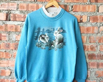 Vintage 90s Rabbit by Morning Sun Sweatshirt Morning Sun Crewneck Morning Sun Pullover Morning Sun Jumper Printed Logo Green Color Women’s L