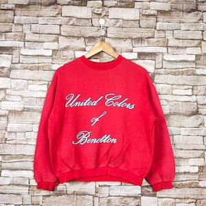 Vintage 90s Distressed Benetton Crop Top Benetton Sweatshirt Benetton Crewneck  Benetton Jumper Printed Logo Red Color Women&#39;s Fit S