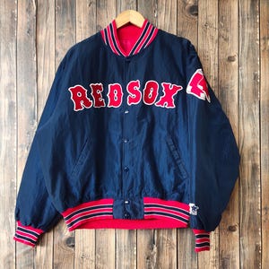 RARE Vintage 90s Distressed Red Sox Baseball Satin Jacket by Starter Red Sox Pullover Red Sox Sweater Embroidery Logo Blue Color Men’s L
