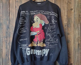 Vintage 90s Distressed Grumpy Snow White Seven Dwarfs Sweatshirt Grumpy Crewneck Grumpy Pullover Printed Logo Black Color Men’s M