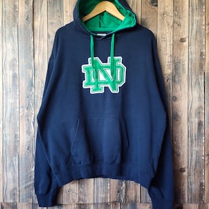 Vintage Distressed Notre Dame Irish Football Hoodie Notre Dame Sweatshirt Notre Dame Pullover Embroidery Logo Blue Color Men’s XL