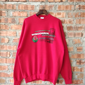Vintage 90s NCAA University of Wisconsin Badgers Rose Bowl Sweatshirt Wisconsin Crewneck Wisconsin Sweater Printed Logo Red Color Men’s XXL