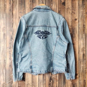 Vintage Distressed Harley Davidson Denim Jeans Jacket Harley Sweater Harley Pullover Harley Jeans Embroidery Logo Blue Color Women&#39;s M