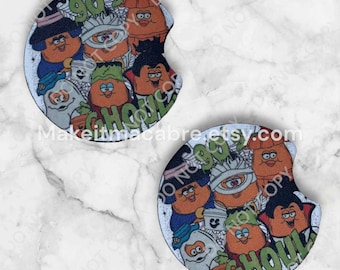 Posavasos de coche de los 90 con temática de fantasmas/posavasos de coche retro de Halloween/posavasos de coche de neopreno/posavasos de coche espeluznantes/posavasos de Halloween de los 90
