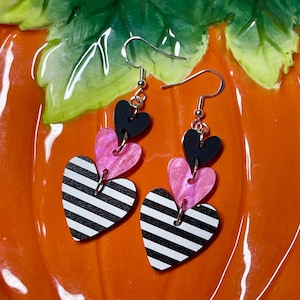 Heart Dangle Earrings/Black And Pink Earrings/Striped Cute Dangle Earrings/Black And White Earrings