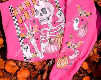Halloween Junkie Sweatshirt/Pink Halloween Shirt/Halloween Lover Sweatshirt/Spooky Cute Sweatshirt/Skeleton Sweatshirt