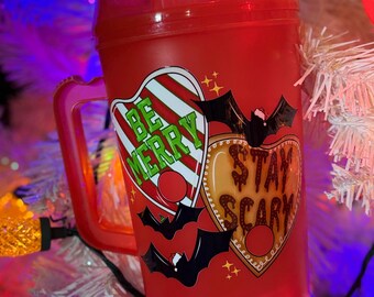 Be Merry Stay Scary Trucker Mug/Clown Mug/34 oz Plastic Jug/Creepmas Mug