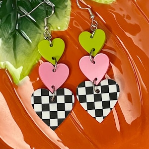 Heart Dangle Earrings/Black And Pink  Earrings/Cute Dangle Earrings/Heart Earrings