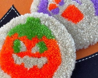 Halloween Sugar Cookie Mug Rug/Large Fuzzy Coaster/Halloween Coaster/Pumpkin Coaster/Needle Punch Coaster/Spooky Mug Rug/90's Coaster