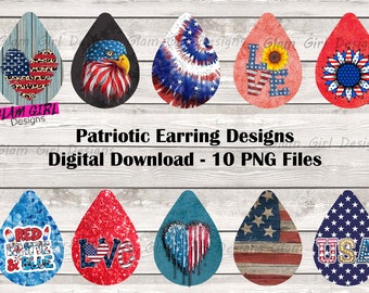 10 Patriotic 4th of July Memorial Day  Bundle Sublimation Earring Designs Template PNG, Instant Digital Download, Earring Blanks Design