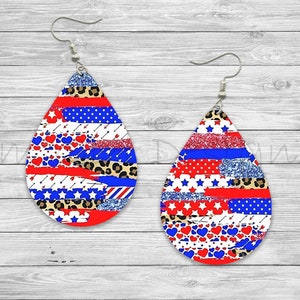 Red White and Blue Brushes 4th of July Memorial Day Sublimation Earring Designs Template PNG, Instant Digital Download, Earring Blank Design