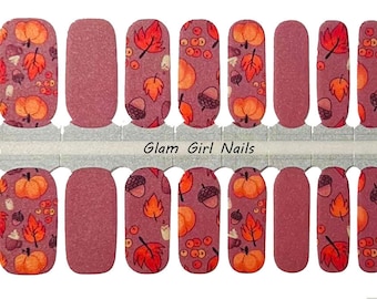 Fall Pumpkin Spice Latte and Leaves Nail Polish Strips / Nail Wraps