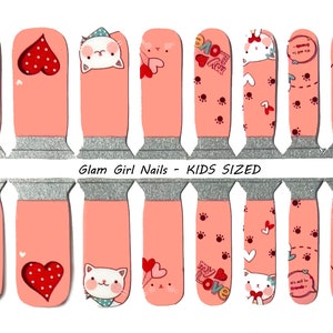 KIDS SIZED Valentine's Day Kitty Cats and Hearts Nail Polish Strips Nail Stickers Wraps No Dry Nail Polish