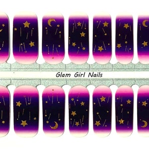 Purple Dreams Gold Stars and Moons Celestial / Nail Polish Strips / Nail Wraps / Nail Sticker