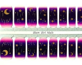 Purple Dreams Gold Stars and Moons Celestial / Nail Polish Strips / Nail Wraps / Nail Sticker