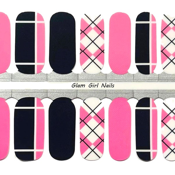 Pink and Black Argyle Nail Polish Strips, Nail Polish Wraps, Nail Sticker Decals, Instant Dry Nail Polish