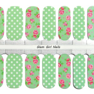 Mint Green Polka Dot Floral Nail Polish Strips / Nail Wraps