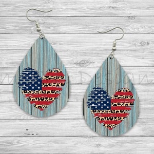 Patriotic Heart Flag Wood 4th of July Memorial Day Sublimation Earring Designs Template PNG, Instant Digital Download, Earring Blanks Design