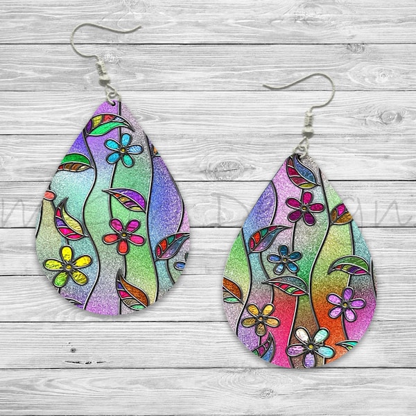 Stained Glass Floral Digital Sublimation Teardrop Earring Designs Template PNG