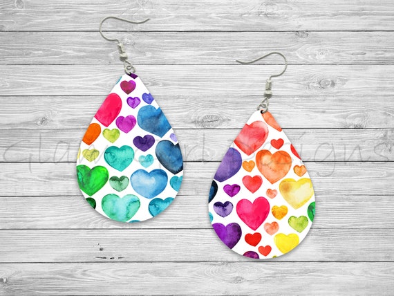 Water Color Hearts Sublimation Earring Designs Template PNG