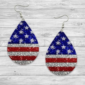 Red White and Blue Glitter 4th of July Memorial Day Sublimation Earring Design Template PNG, Instant Digital Download, Earring Blank Design