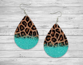 Leopard Print Teal Sparkle Sublimation Earring Designs Template PNG, Instant Digital Download, Earring Blanks Design, Printable,