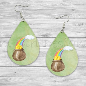 May include: A pair of green teardrop-shaped earrings with a gold pot of gold at the bottom and a rainbow with a cloud above it.