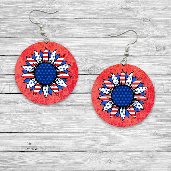 Patriotic Sunflower 4th of July Sublimation Round Earring Designs Template PNG, Instant Digital Download, Earring Blanks Design, Printable