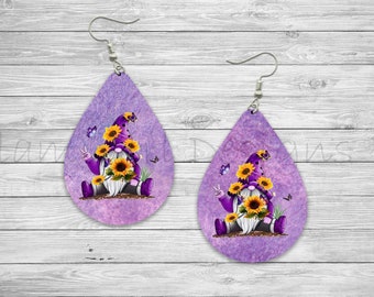 Purple Gnome Sunflowers Sublimation Earring Designs Template PNG, Instant Digital Download, Earring Blanks Design