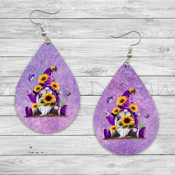 Purple Gnome Sunflowers Sublimation Earring Designs Template PNG, Instant Digital Download, Earring Blanks Design