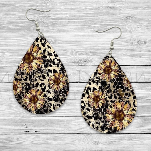 Sunflower and Leopard print Western Sublimation Earring Designs Template PNG, Instant Digital Download, Earring Blanks Design, Printable,