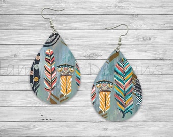 Boho Feathers Bohemian Digital Sublimation Earring Designs Template PNG, Instant Digital Download, Earring Blanks Design, Printable