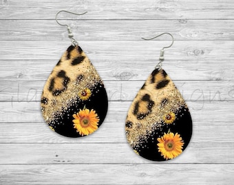 Floral With Leopard Print and Glitter Sublimation Earring Designs Template PNG, Instant Digital Download, Earring Blanks Design, Printable,