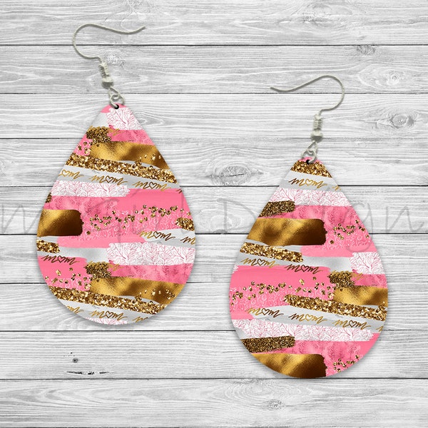 Mother's Day Mom Pink and Gold Earrings, Sublimation Earring Designs Template PNG, Instant Digital Download, Earring Blanks Design